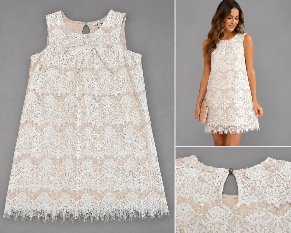 Speechless XS Cream Lace Sleeveless Mini Dress Fringe Hem Keyhole Back